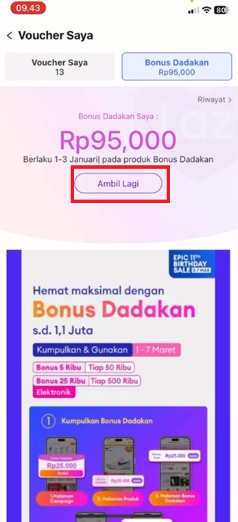 Proses checkout dengan menggunakan bonus dadakan Lazada